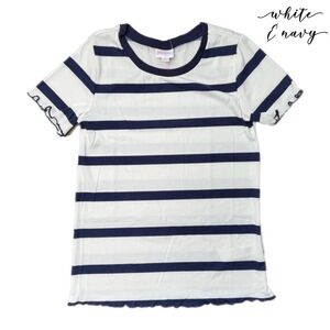 LuLaRoe Kelly 2XL White Navy Stripe Ribbed Ruffle Sleeve Top NWT
